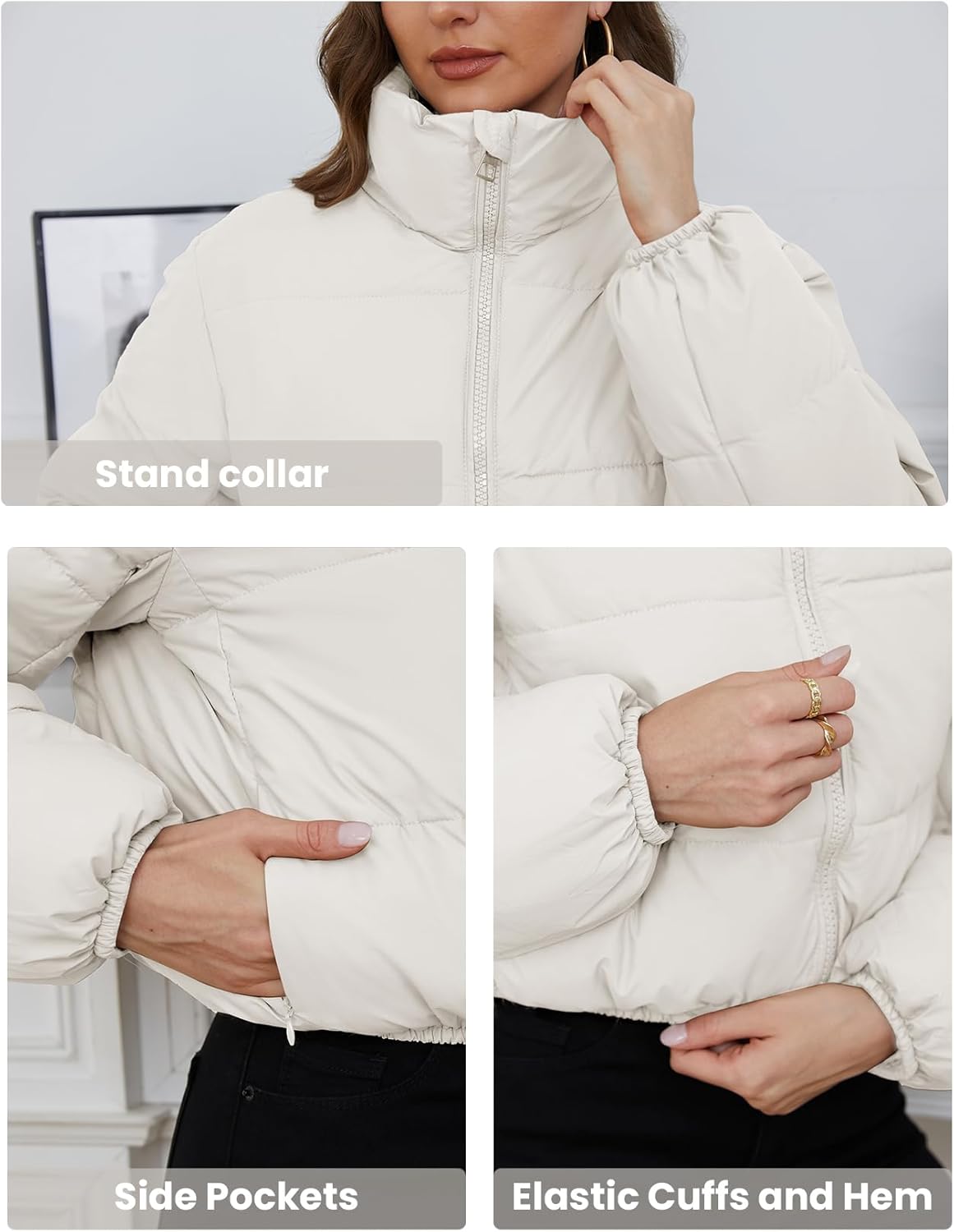 Wyeysyt Women's Cropped Puffer Jacket Winter Quilted Lightweight Short Outerwear Jacket with Pockets - Image 6