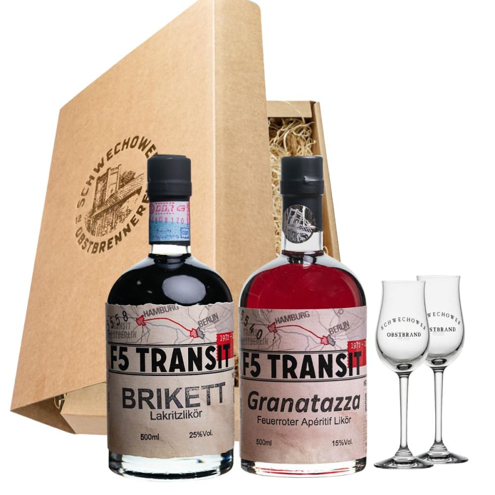 Schnapsgeschenk Nr. 15215 | Brikett Lakritz Likör 0.5l (25% Vol) + Granatazza Granatapfel Likör 0.5l (15% Vol) + 2 Gläser in Geschenkkarton mit Goldprägung | Schwechower Brennerei (1229)