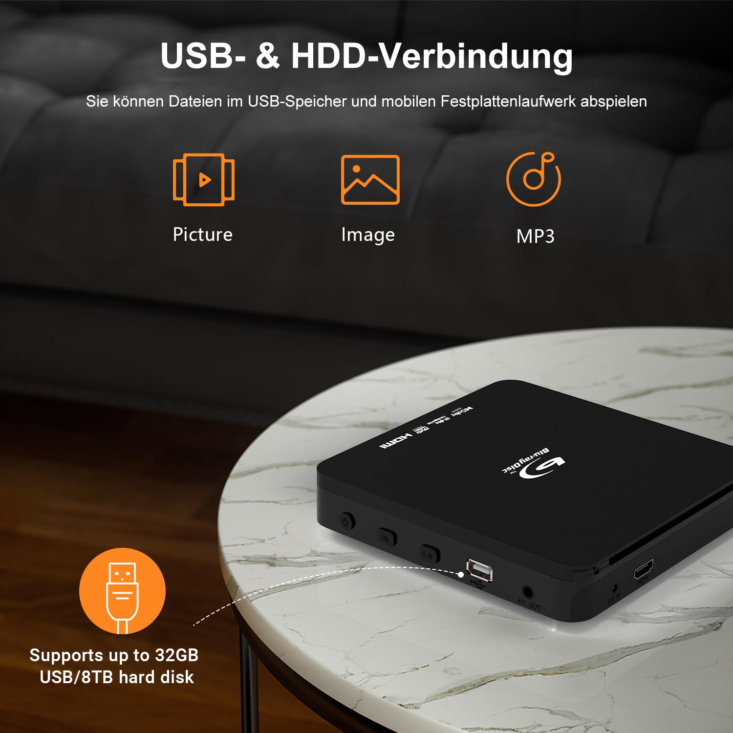 Full HD 1080P Blu Ray Disc Player mit Dolby Audio, Alle DVDs und Region B 2 Blu-Ray Filme Spielen, Unterstützung für Max 128G USB-Flash-Laufwerk + HDMI/AV-Ausgang + Eingebautes PAL/NTSC mit Kabeln