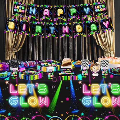 Image of Neon Glow Birthday Party Decorations Tablecloth, 3Pcs Disposable Glow in The Dark Party Tablecover Supplies, Neon Graffiti Theme Party Decorations Table Cloth, 86in x 55in