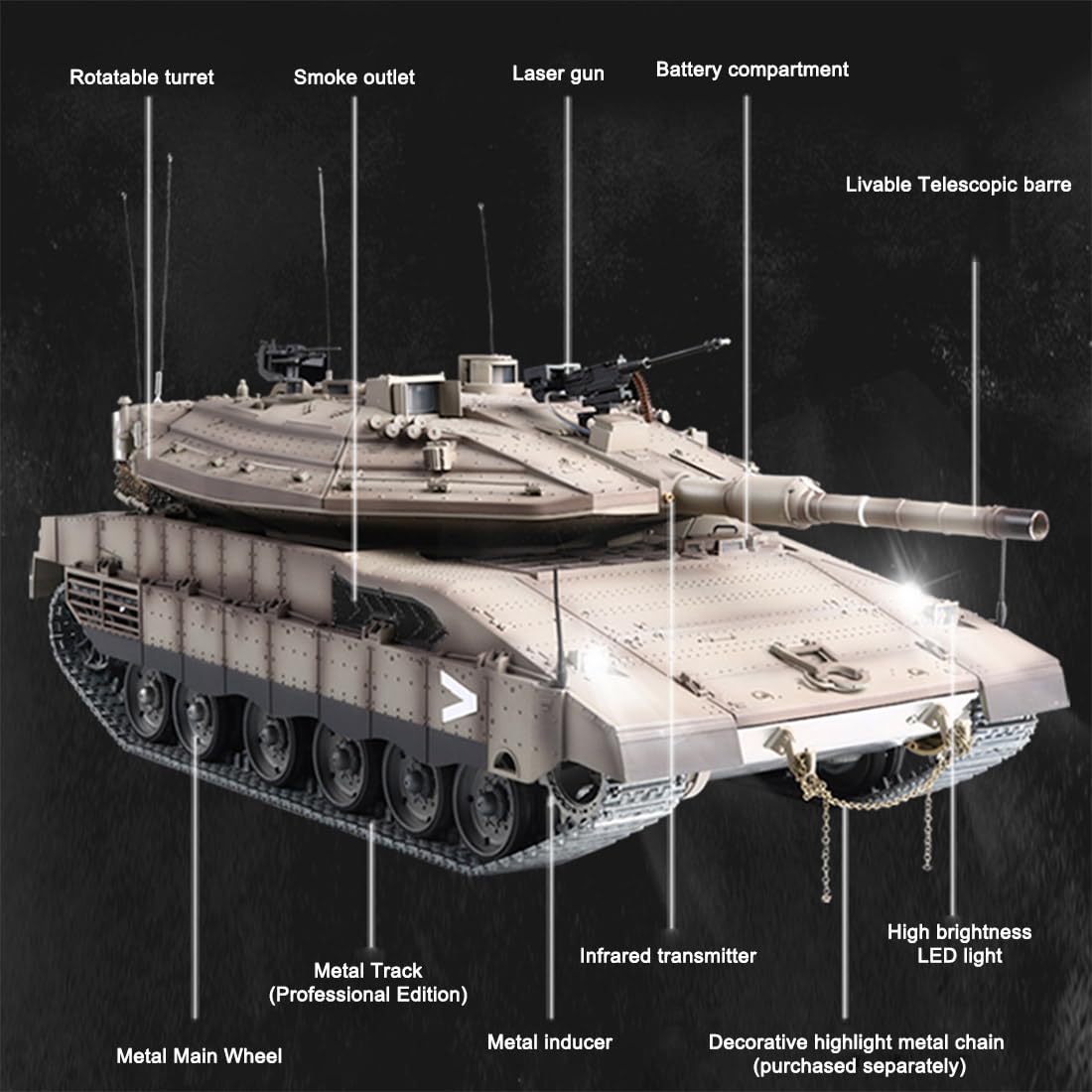 Czołg RC 1/16 dla dorosłych, 2,4 G Israel Merkava-IV model czołgu z pilotem zdalnego sterowania ze światłem dźwiękowym i bitwą na podczerwień, model pojazdu RC dla entuzjastów wojskowych
