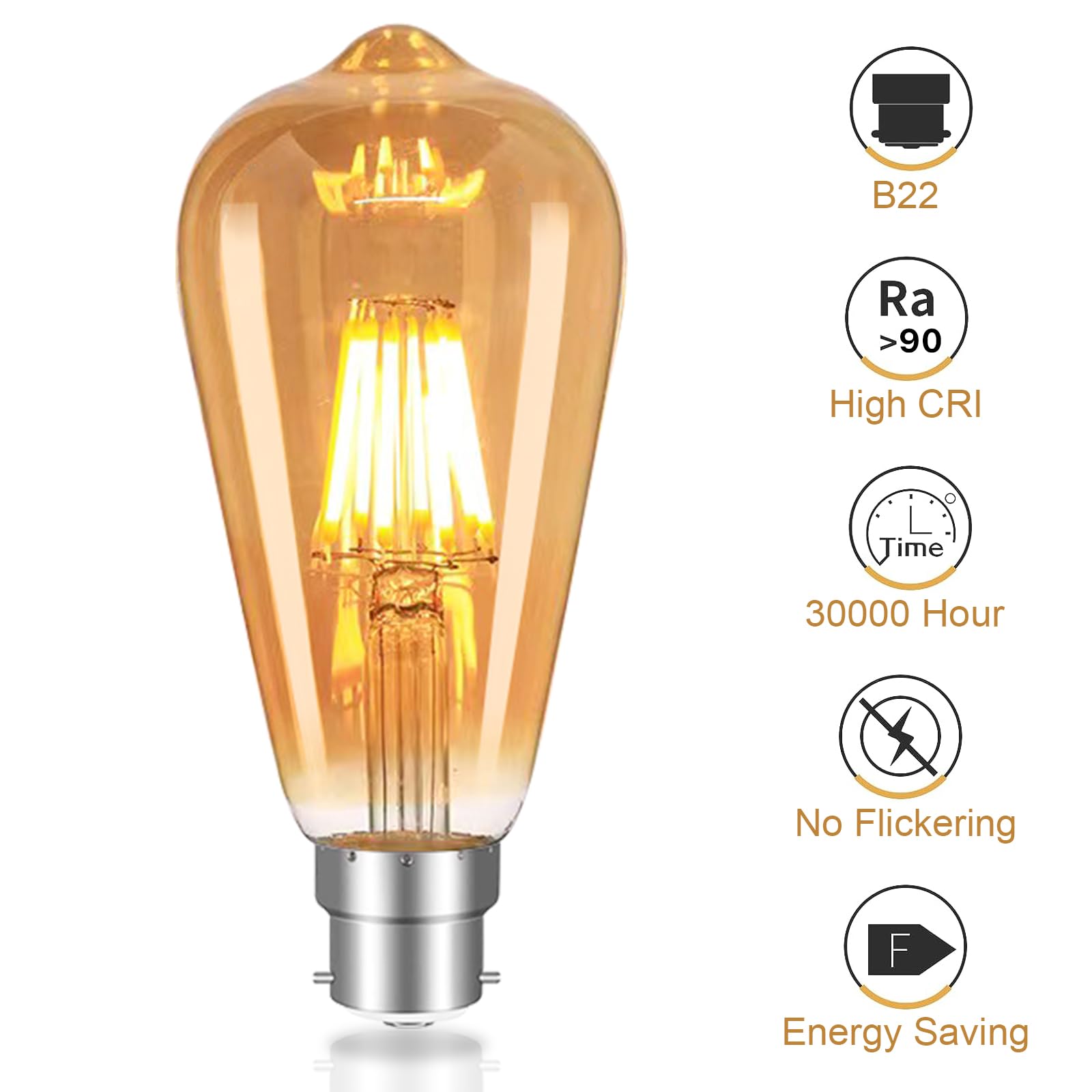 YOUDIAN Vintage Bayonet LED Light Bulb 4W,40 Watt Equivalent,B22 ST64 2700K Warm White Bulb,Antique/Retro Amber Glass Lamp,Not-dimmable,Bayonet LED Filament Lamp Squirrel Cage,400LM - Image 2
