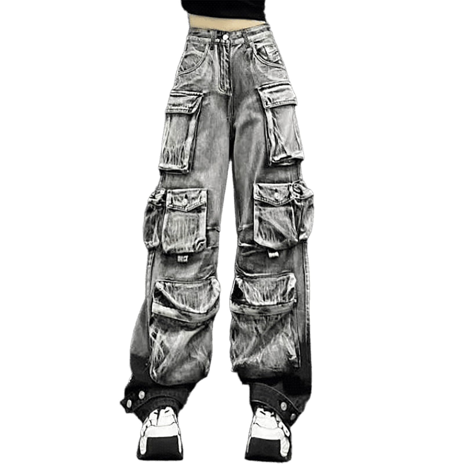 Gothic Y2K Streetwear Womens Cargo Jeans - Multi-Pocket Gradient Denim Pants Hip-Hop Fashion