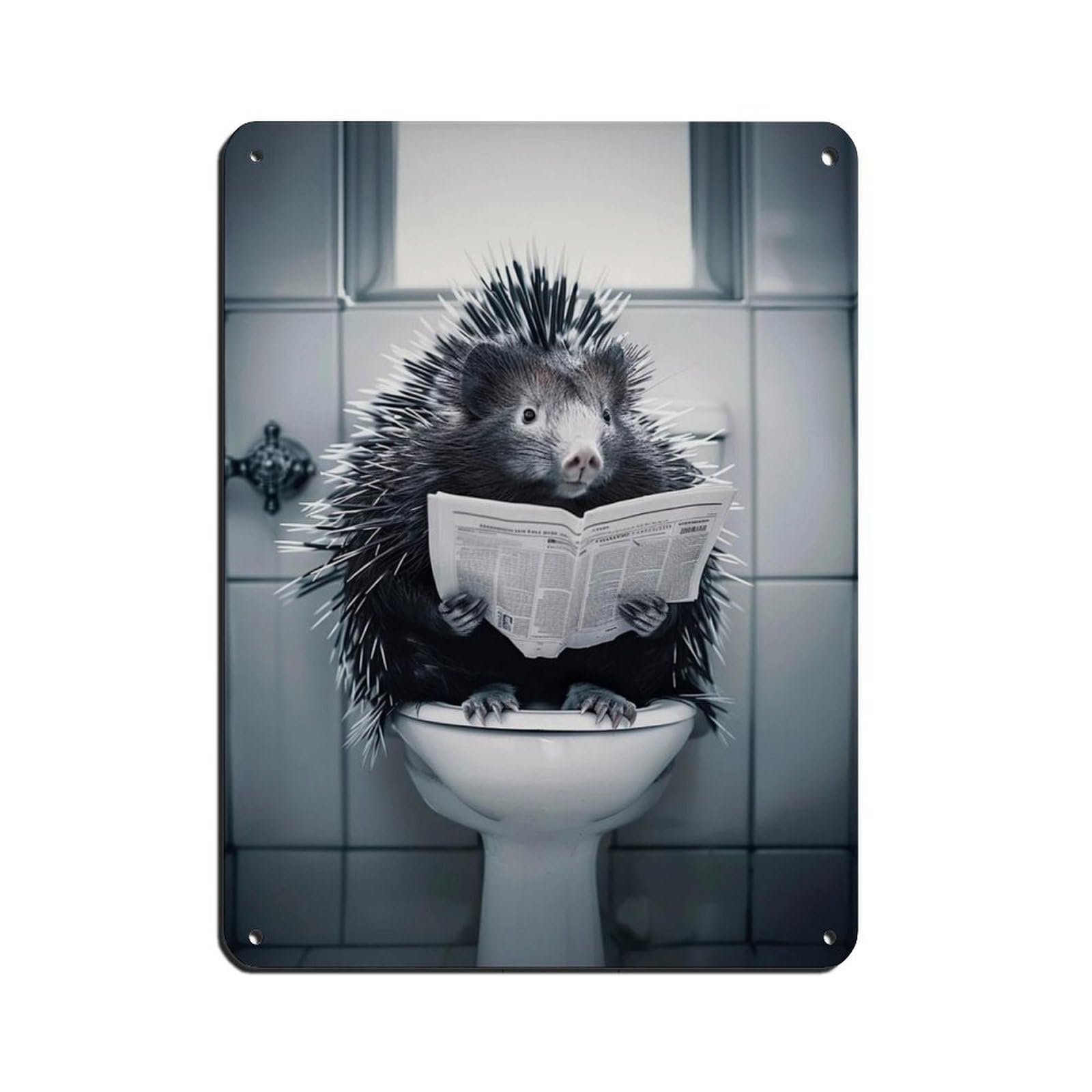 Porcupine Sitting on The Toilet Reading A Newspaper (3) Tin Sign Vintage Metal Pub Club Cafe Bar Home Wall Art Decoration Poster Retro 12x16inch(30x40cm)