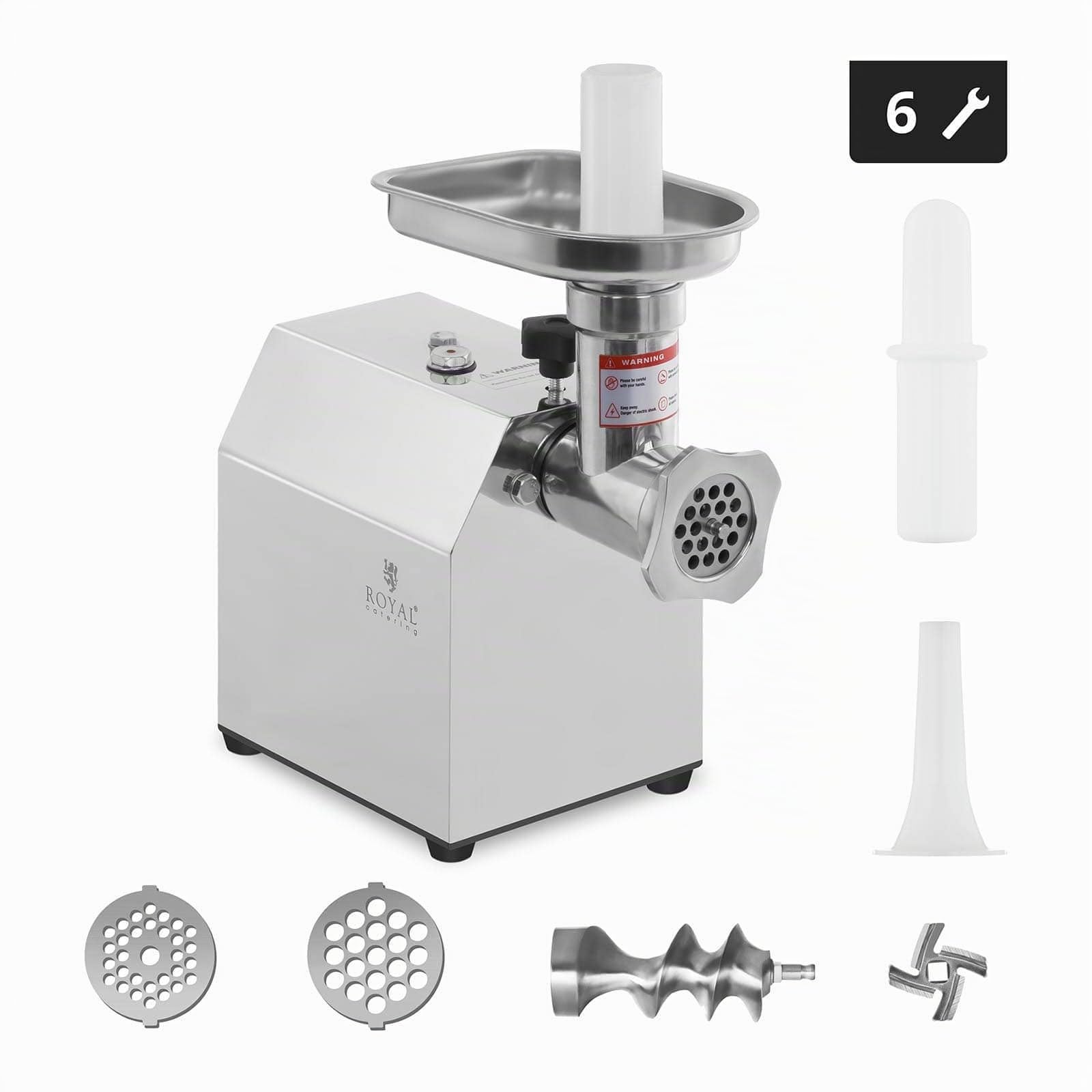 Royal Catering RCFW 70-600ECO Tritacarne Elettrico Professionale Macina Carne Elettrico in Acciaio Inox (70 kg/h, 600 W, Rotazione in Senso Inverso, Dimensione Fori 5/7 mm)