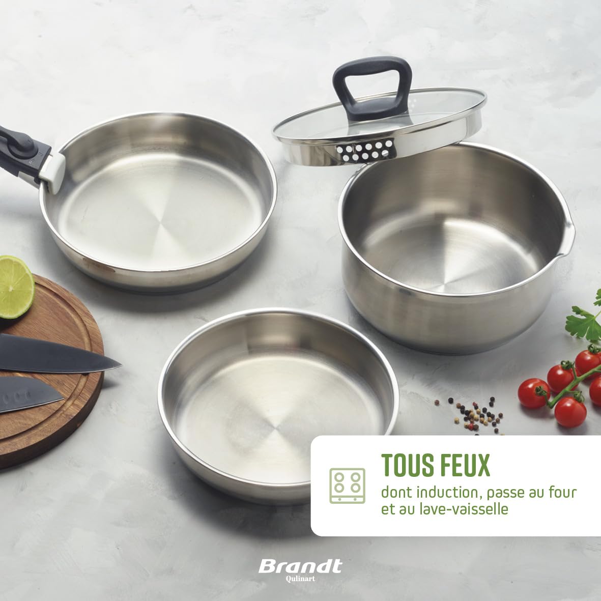 Qulinart by Brandt - Batterie de Cuisine à Induction 4 Pièces - Set de 3 Poêles en Inox 20, 24 et 26 cm avec Poignée Amovible - Acier Inoxydable - Lot pour Tout Feu - Sans PFOA - Argenté