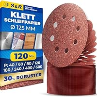 S&R Klett Schleifpapier Set 125 mm, Meister, 8 Löcher, 120 St Schleifblätter, Schleifscheiben für Exzenterschleifer, je 15 x Körnungen P40 P60 P80 P120 P180 P240 P400 P600, zuverlässige Haftung