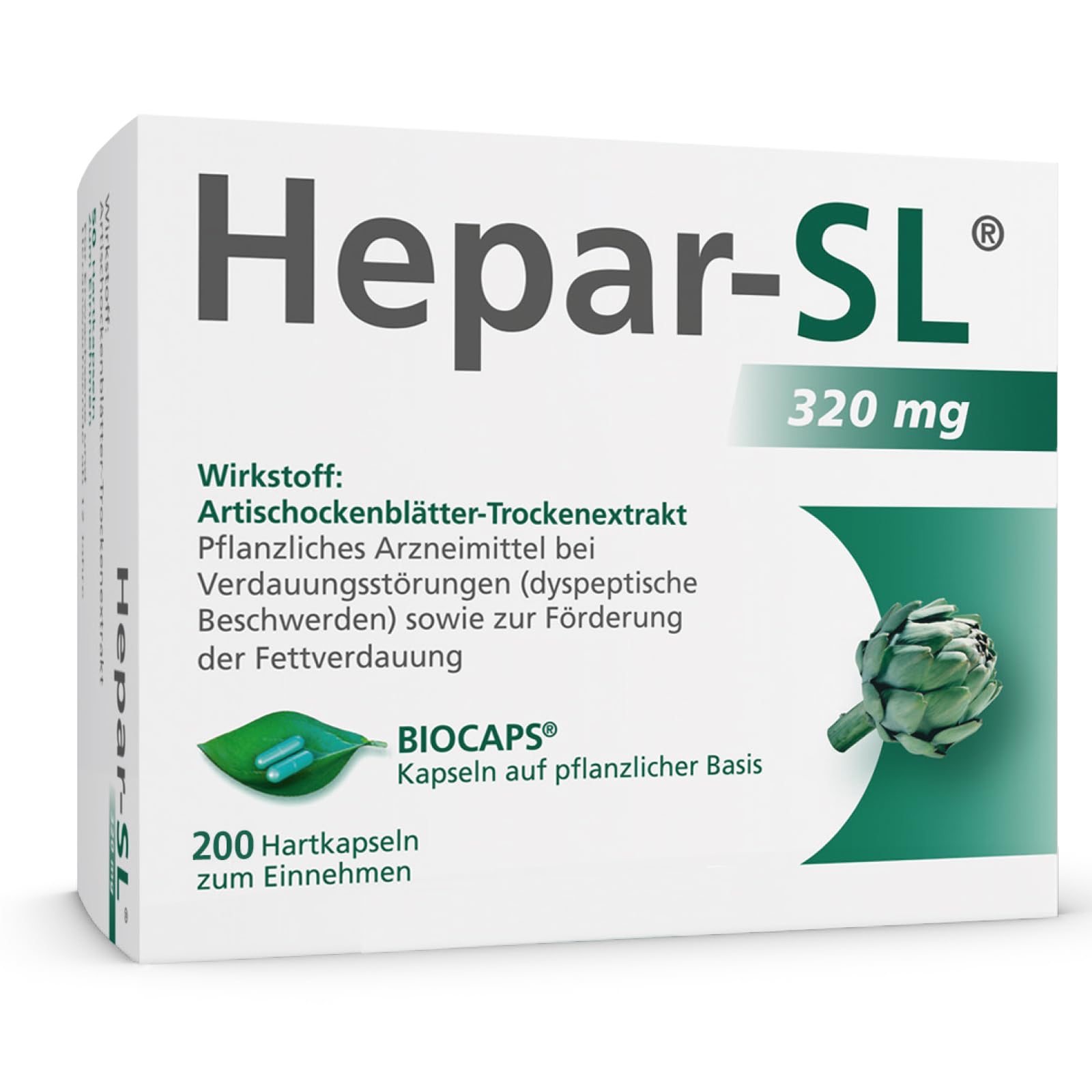 Hepar-SL 320 mg bei Verdauungsstörungen | 200 Hartkapseln | befreit von Völlegefühl, Blähungen, krampfartigen Bauchschmerzen & Sodbrennen | mit Spezialextrakt der Königsartischocke | ab 12 Jahren