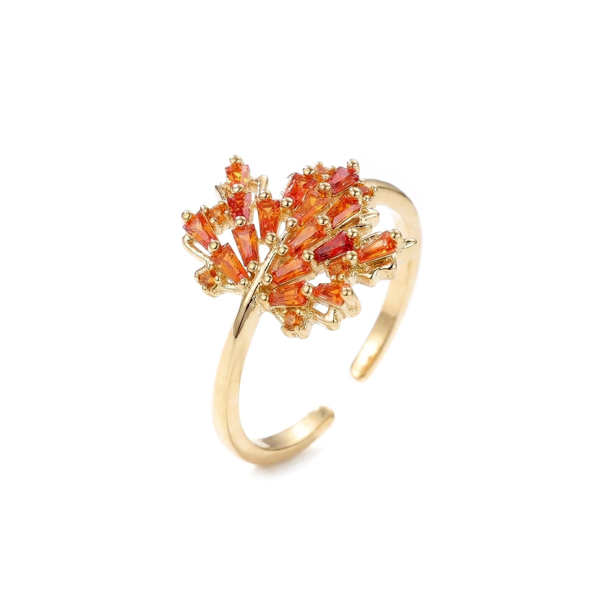 Sonateomber Thanksgiving Gold Fall Maple Leaf Open Ring for Women, Sparkly Cute Cubic Zirconia Orange Crystal Rhinestone Adjustable Autumn Rings Prom