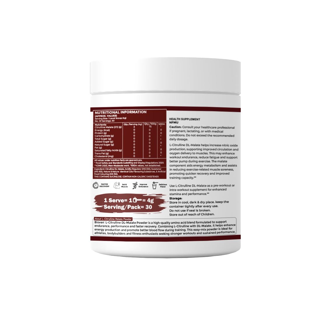 Biovencer Citrulline Malate Powder 120g | L-Citrulline Supplement for Workout Pump & Endurance | Pre-Workout Nutrition for Adults 1