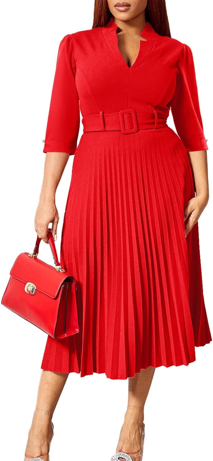 Ekaliy Women's V Neck Business Casual Shirt Dress for Women 3/4 Sleeves Pleated Midi Dresses with Belt