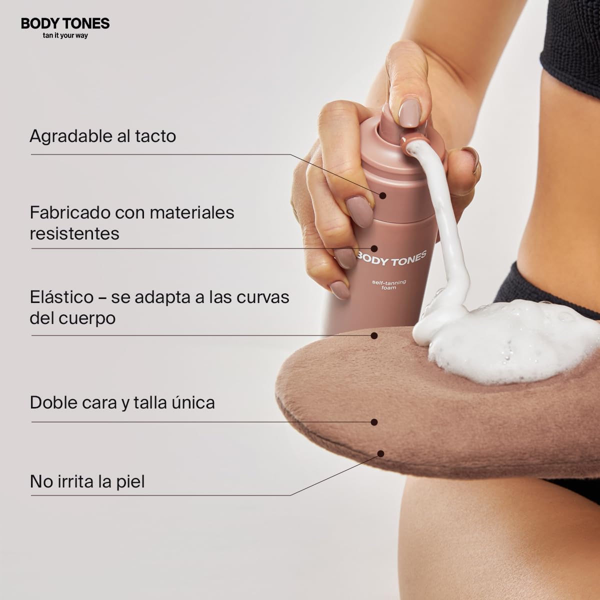 Body Tones Autobronceadora Corporal y Guante 155 ml - sin Manchas - Mousse Autobronceador que Hidrata y Contrarrestra los Efectos del Envejecimiento, el Efecto del Bronceado Natural