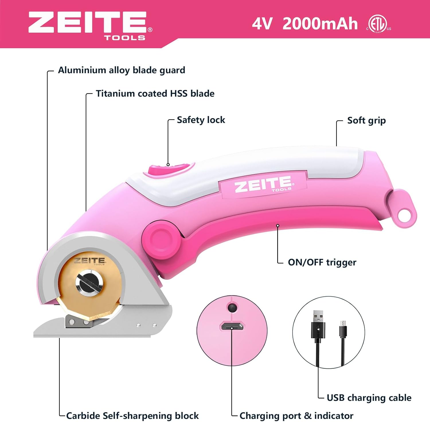 ZEITE 4V Cordless Scissors,Electric Cardboard Box Cutter with Titanium Coated HSS Blades,Ideal for Cardboard Leather Carpet Fabric Cutting and recycling,Gifts for Men & Women,Storage Case,Pink