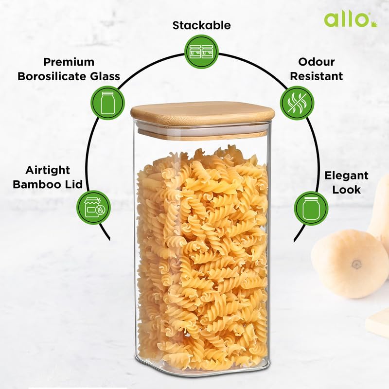 Image of Allo 1000ML Kitchen Storage Box Glass Jars With Wooden Lids - Borosilicate Glass Food Storage Containers Airtight Glass Jar For Tea, Coffee, Spice, Pulses, Masala (Square Glass Jar - Set of 6)