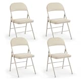 DUMOS 4 Pack Leather Padded Folding Chair, Indoor Outdoor Portable Stackable Commercial Seat with Steel Frame, Capacity for Home, Office, Party, Comfy, Kahki
