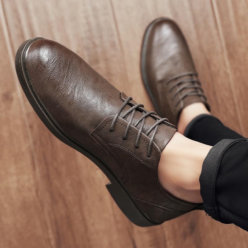 Oxford Shoes for Men Lace Up Round Toe Vegan Leather Derby Shoes Low Top Anti-Slip Slip Resistant Party(Khaki,7)2