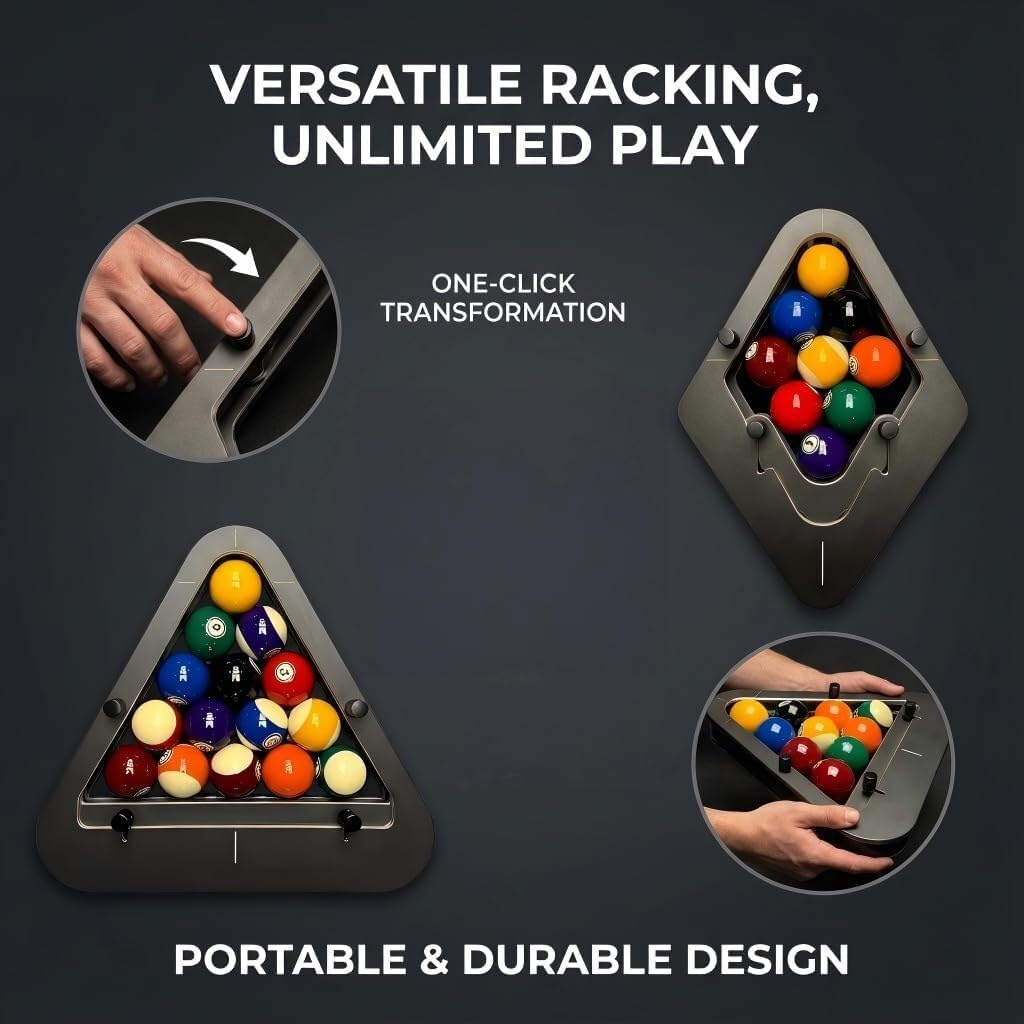 Precision-Engineered Professional Billiard Rack System，This Pool Ball Rack Eliminates Gaps with Its Adjustable Design Ideal for Tournaments and Pool Halls Perfect for 8Ball and 9Ball