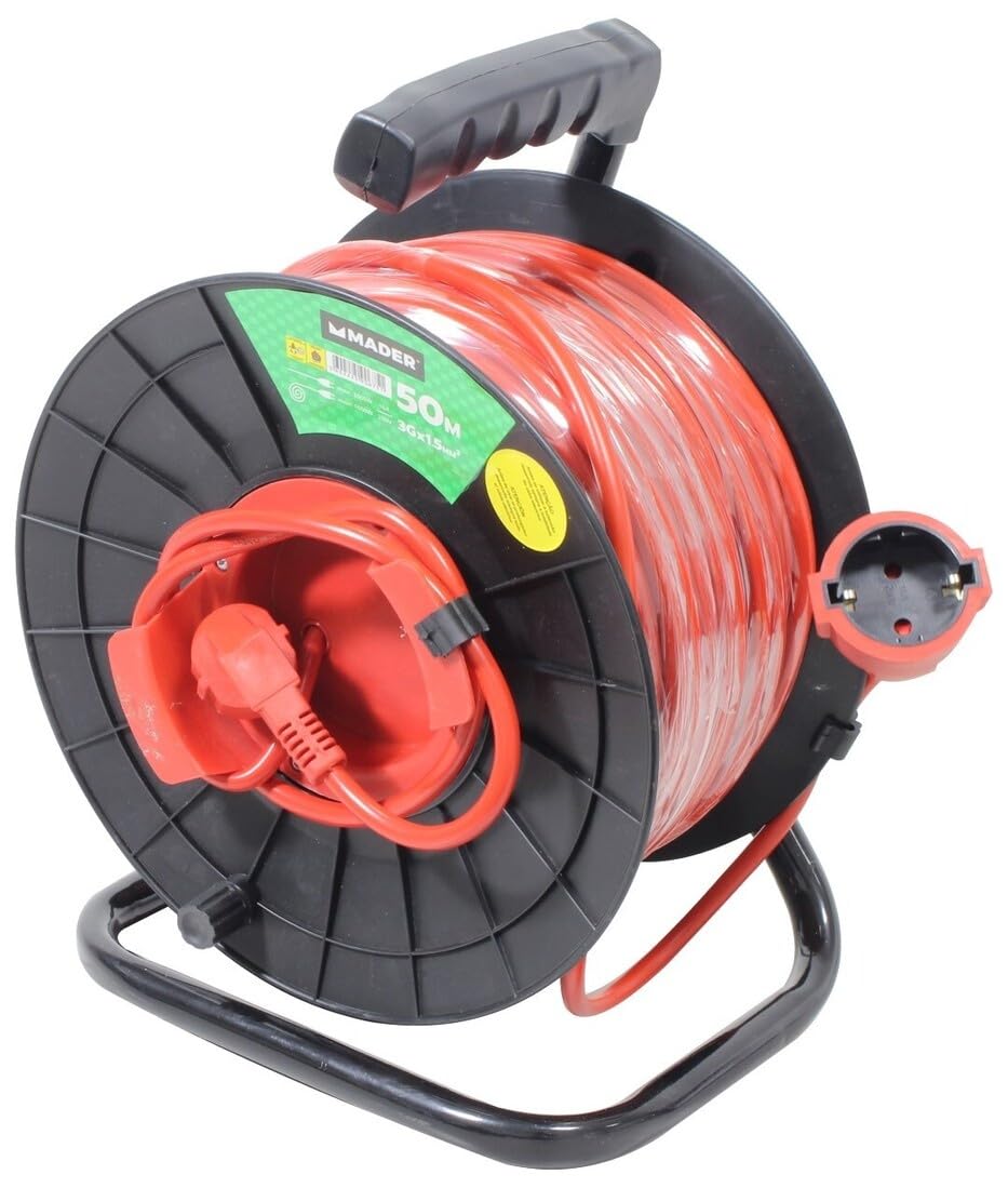Enrollador extensible de cable de 50m para exterior, 3x1,5mm, resistente, ideal para uso en jardines, terrazas y actividades al aire libre.