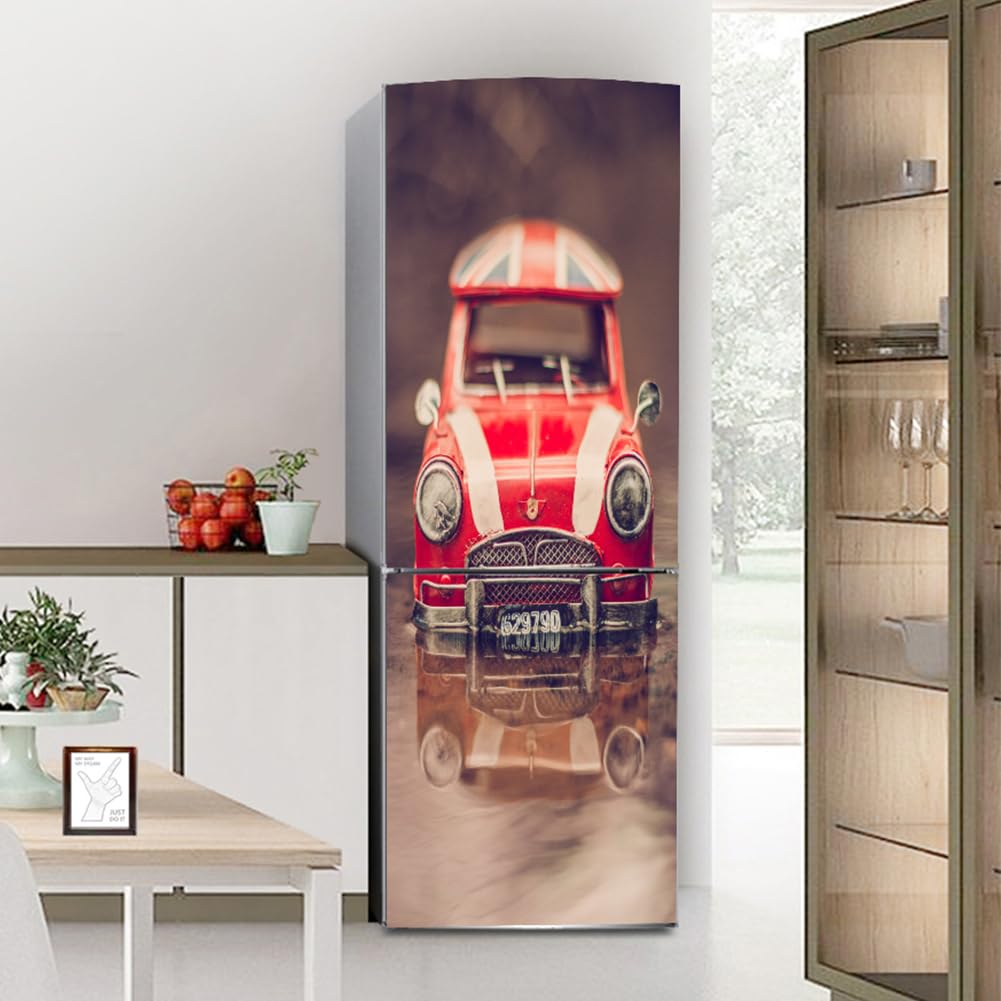Folia na lodówkę, Naklejki ścienne z motywem skórek zamrażarki, pełne pokrycie, do kuchni, czerwony żelazny samochód retro vintage(M: 60x180 cm)