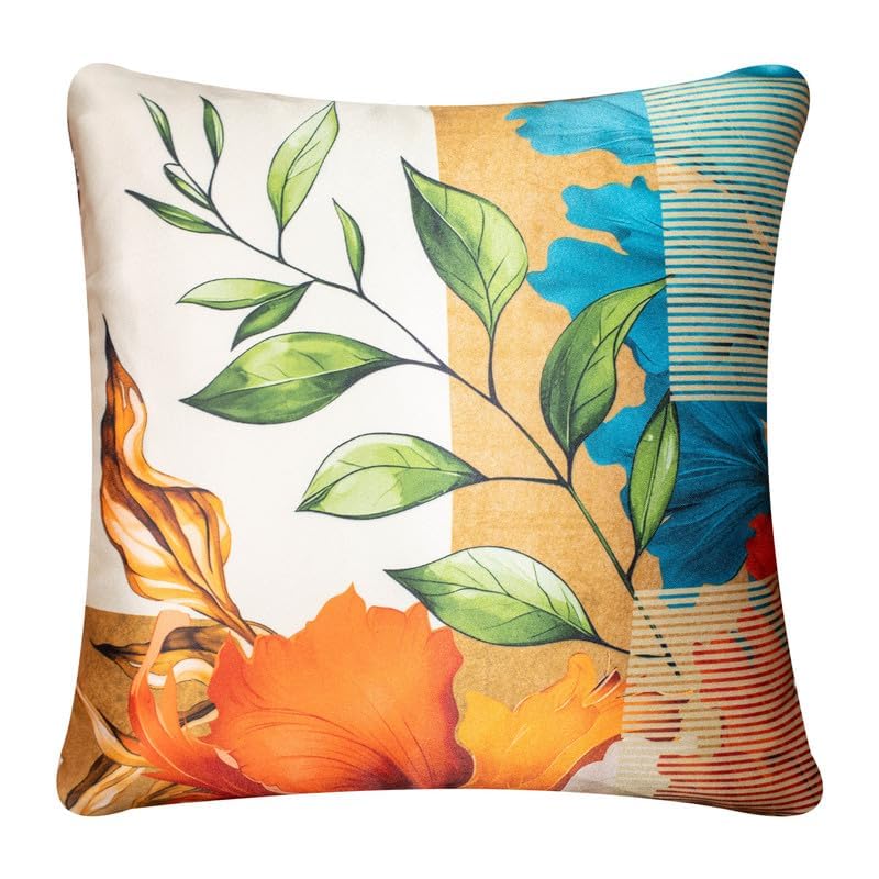 Image of Decorative Satin Sofa Cushion Covers Set of 5, 16 x 16 Inches, Multicolor Floral Printed Pillow Covers for Living Room, Bedroom, Couch & Sofa, Soft Glossy Fabric, Zipper Closure