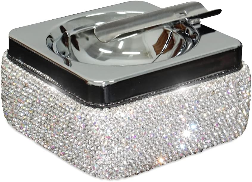Ashtray,Stainless Steel Ashtray with Lid Bling Crystal Diamonds,Cigarette Ashtray for Indoor or Outdoor Use,Ash Holder for Smokers,Desktop Smoking Ash Tray for Home Office Decoration,Square - Silver