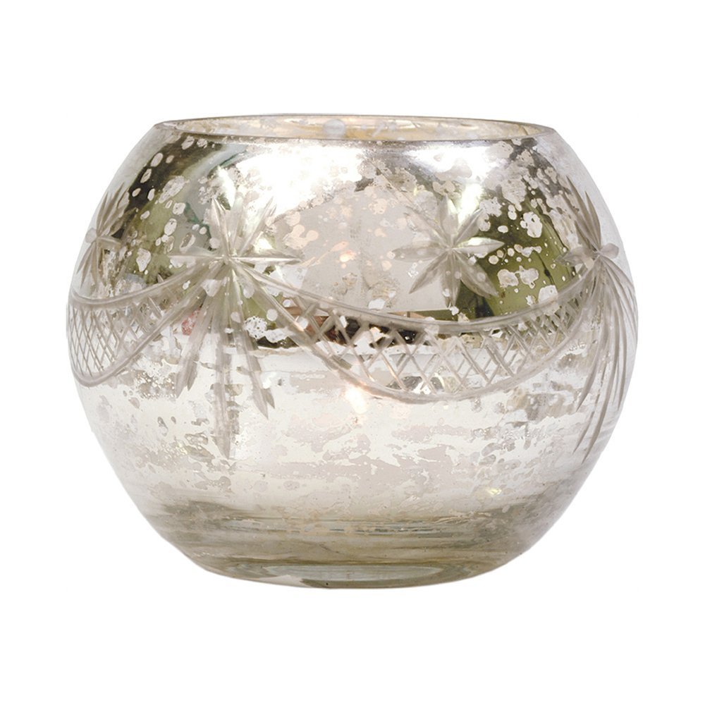 Luna Bazaar Vintage Mercury Glass Candle Holder (3-Inch, Mary Design, Globe Shape, Silver) - for Use with Tea Lights - for Parties, Weddings, and Homes - Mercury Glass Votive Holder