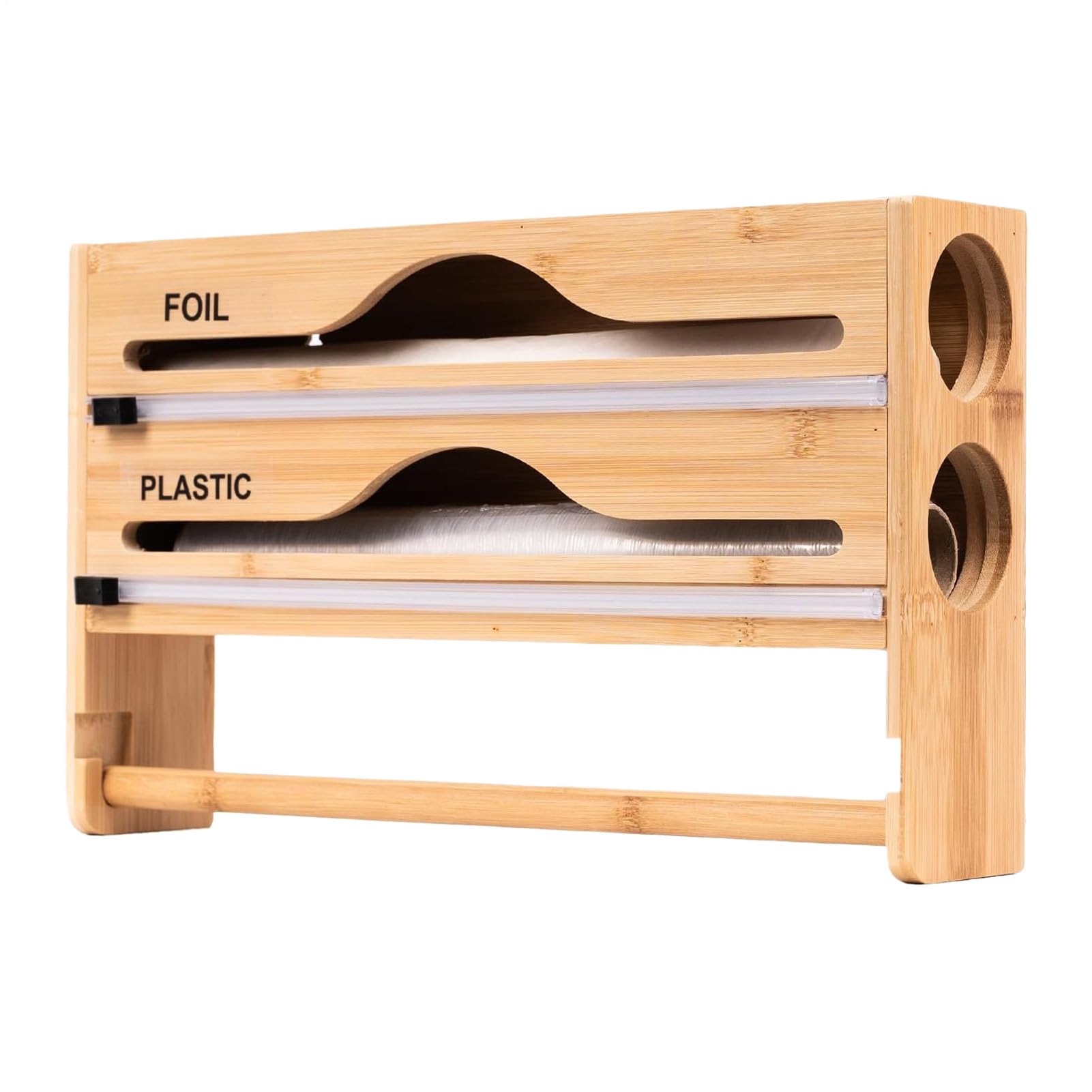 Dispensador de Film Adherente Soporte Pared Compacto para Cajas Aluminio | Organizador De Rollos Con Cortador Para Almacenar en Cocina, Despensa, Armario, Cajón, Film, Aluminio y Papel