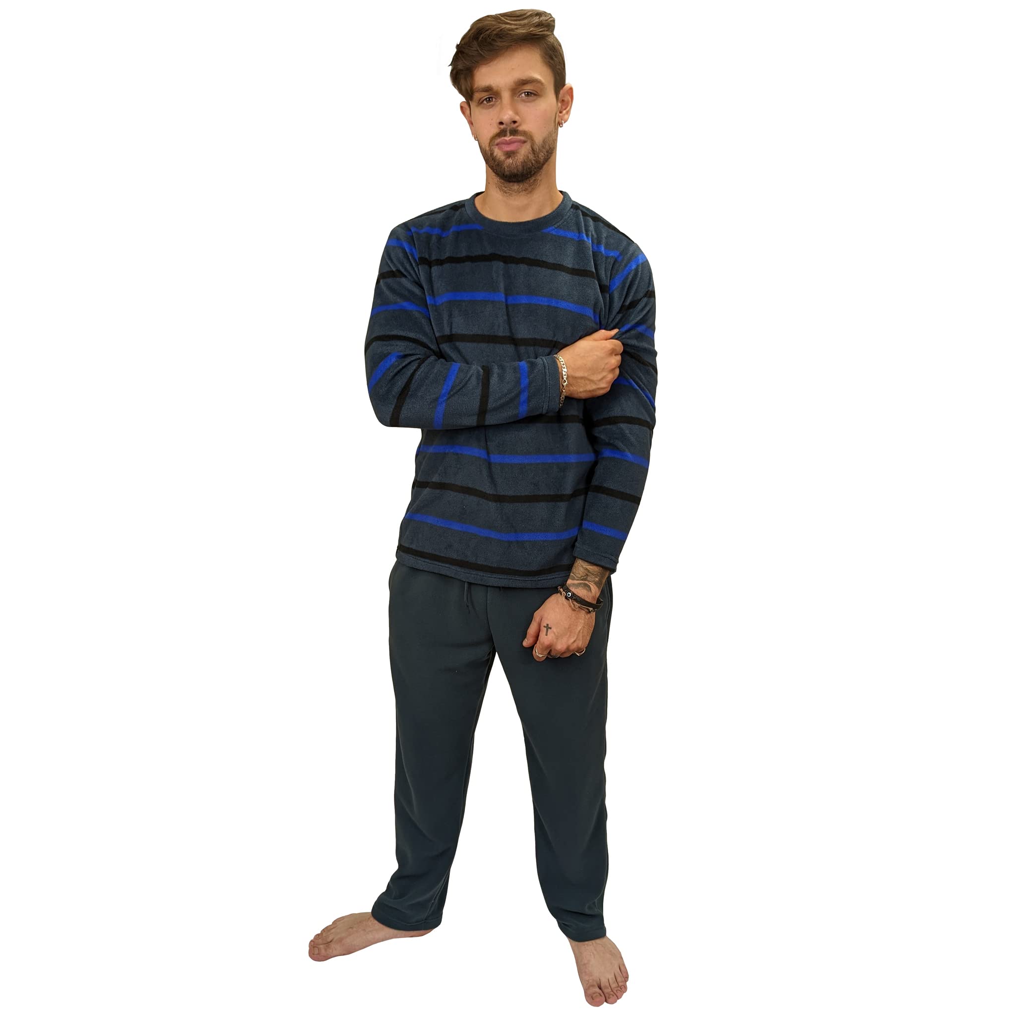 KRUXADER Mens Warm Fleece Loungewear Winter PJ Pyjama Set PJ's S-6XL Striped (Hamilton Blue, 2XL)
