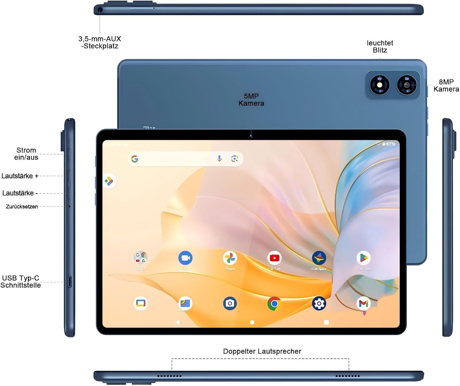 fezawio Android 14 Tablet 10 pollici 22 GB RAM + 128 GB ROM Octa-Core Tablet 5G WiFi, con tastiera mouse, 8000 mAh, (1TB TF) con collina-blu