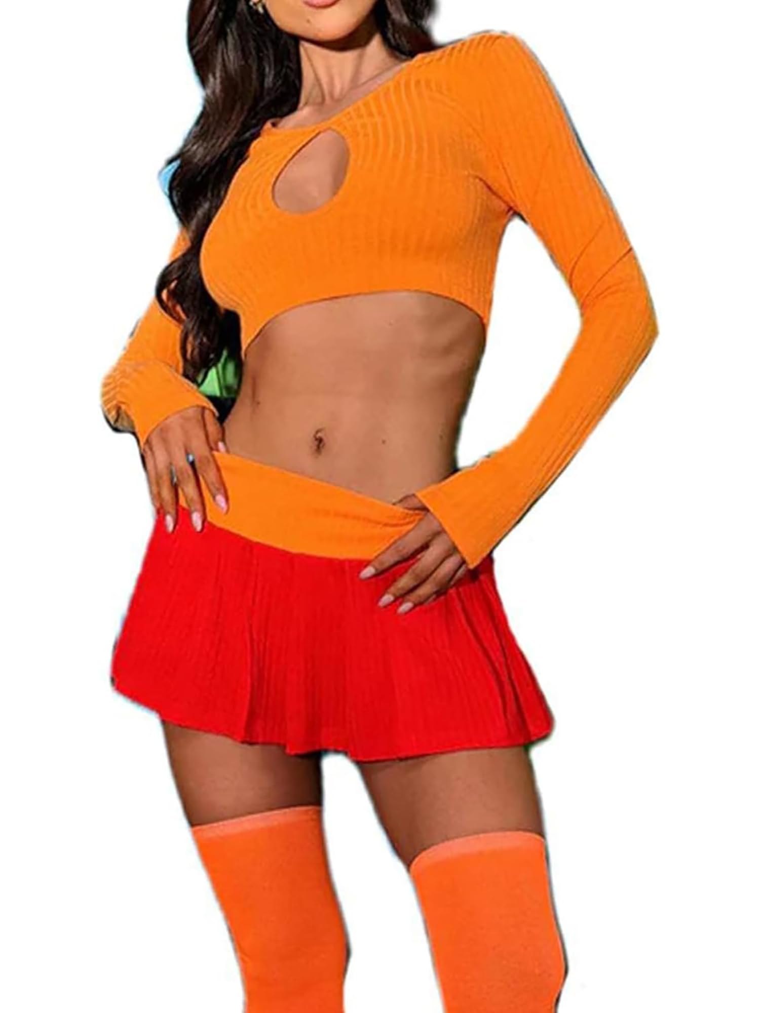 Fiacafyo Women Halloween Velma and Daphne Costume Set Long Sleeve Crop Top + Mini Skirt with Stockings/Scarf Cosplay Outfits (B-Orange, M)