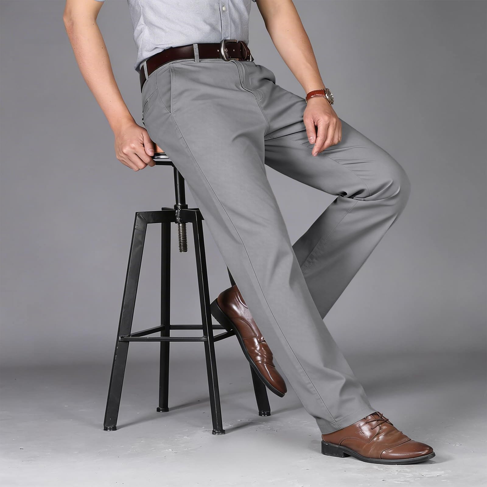 Pantalon Homme Anti-Rides 100% Coton Taille Normale Tube Droite Décontracté avec Poches