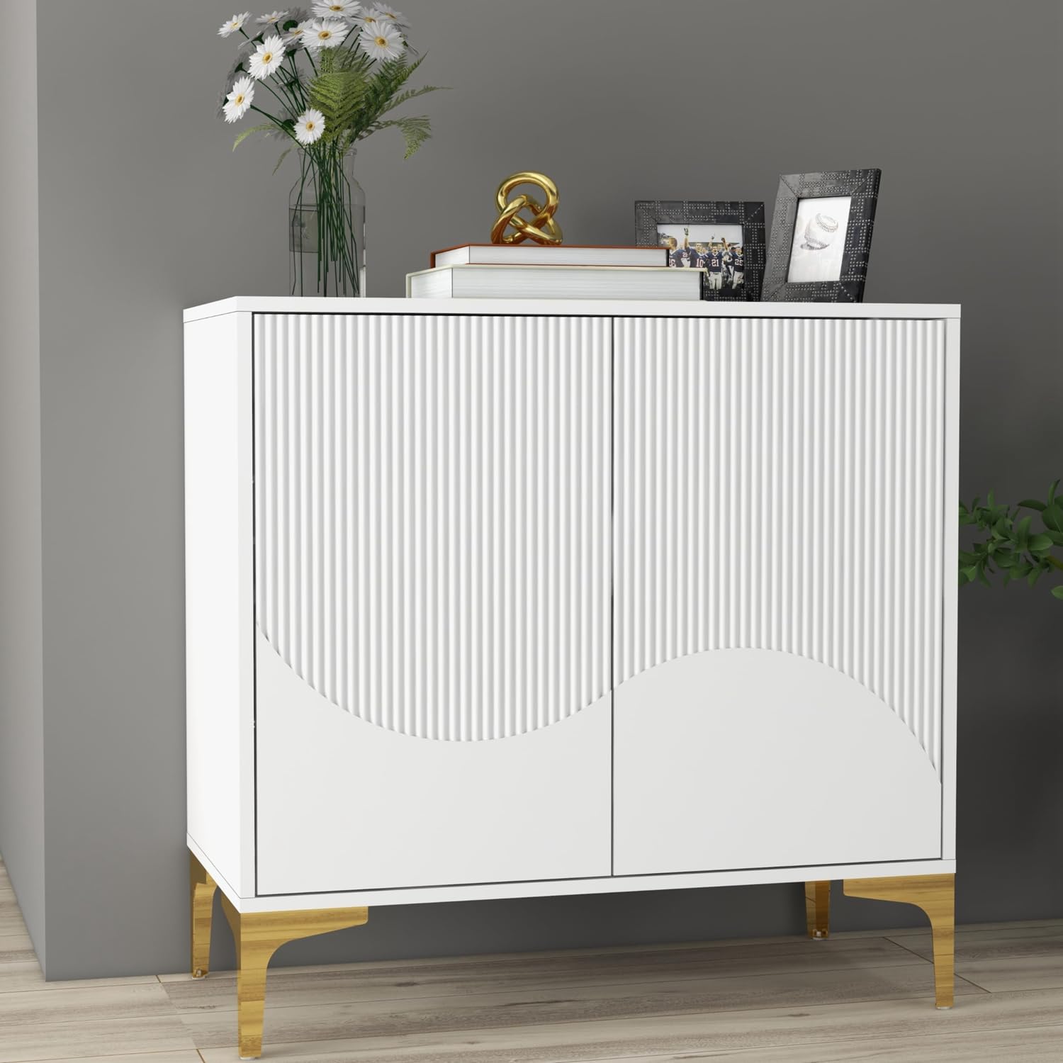 White Accent Cabinet with Doors, Sideboard Buffet Cabinet with Fluted Texture, Modern Credenza Storage Cabinet for Kitchen, Entryway, Living Room (15.7" D x 31.5" W x 30.9" H)