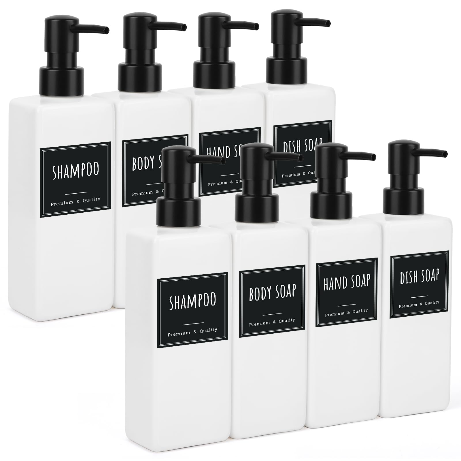 Segbeauty Distributeur Savon, 8 Pièces 500ml Flacon Pompe Vide, Distributeur Gel Douche, Distributeur Savon Blanc avec Etiquettes, Distributeur de Savon Cuisine