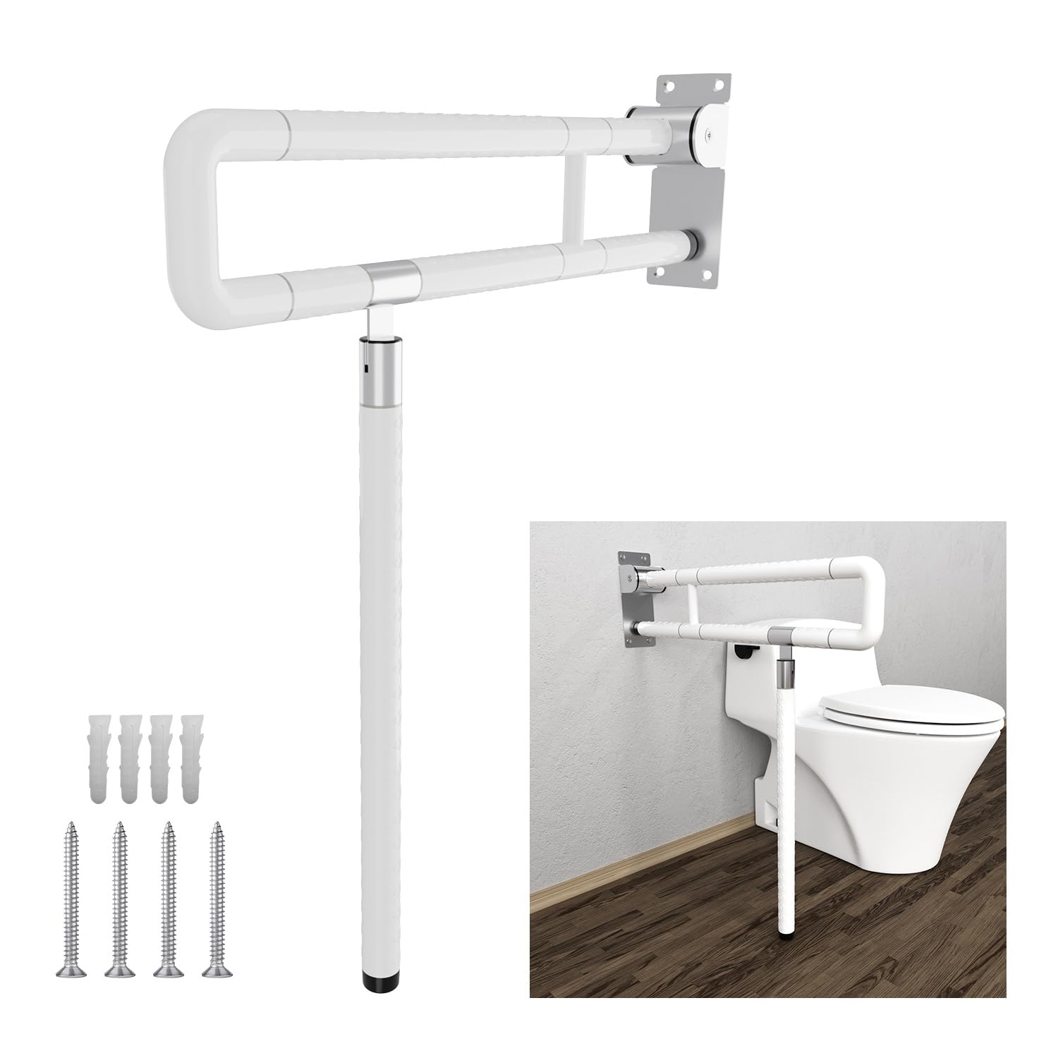 Herrselsam Asidero de Soporte de Pared Barra Abatible de 60 cm para Ancianos, Antideslizante, para Inodoro, Montaje en Pared, Color Blanco, Carga hasta 200 kg (2 Unidades)