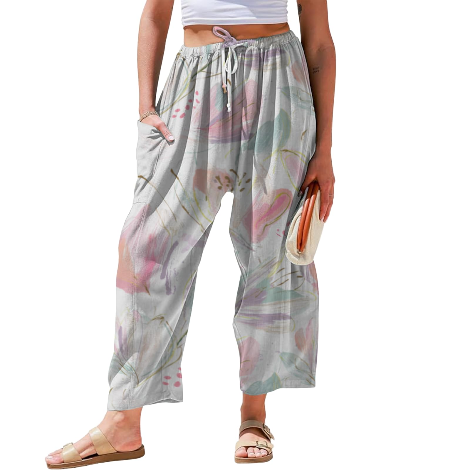 MARSVOVO Women's Floral Print Wide Leg Cropped Pants Elastic Waist Casual Pants Summer Trousers for Beach & Commute