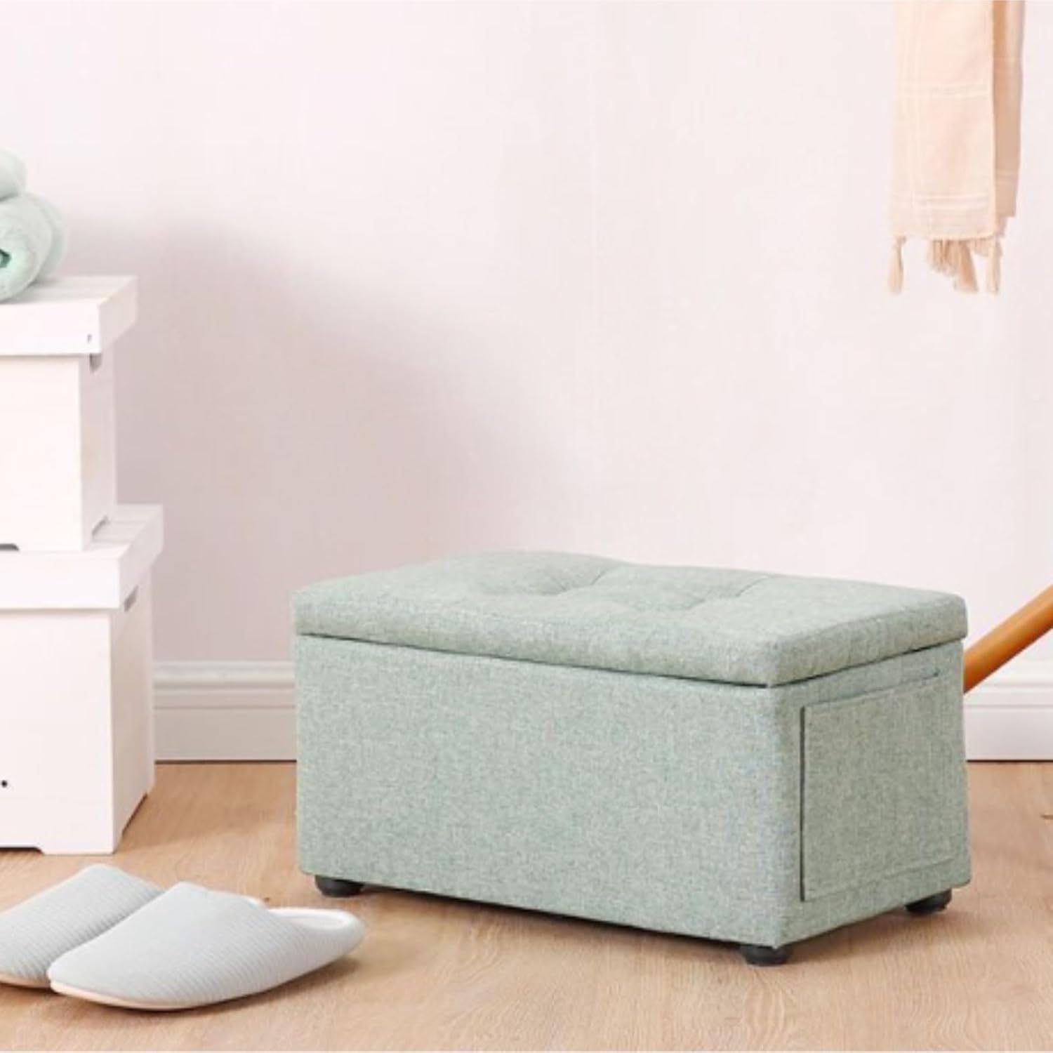 オットマンデスク下 足置き 多機能フットスツール 隠し収納コンパートメント サイドポケット 玄関 寝室適用(Khaki)
