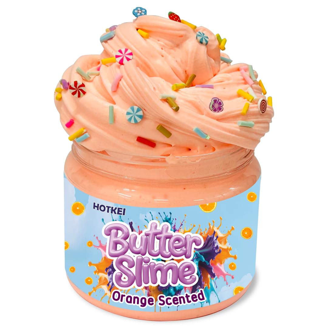 HOTKEI Orange Scented Butter Slime for Kids 3 to 10 Years Kit Set with Sprinkles Candy Charms Soft Stretchy Toy Slime Birthday Return Gift Toys for Kids Boys Girls Birthday