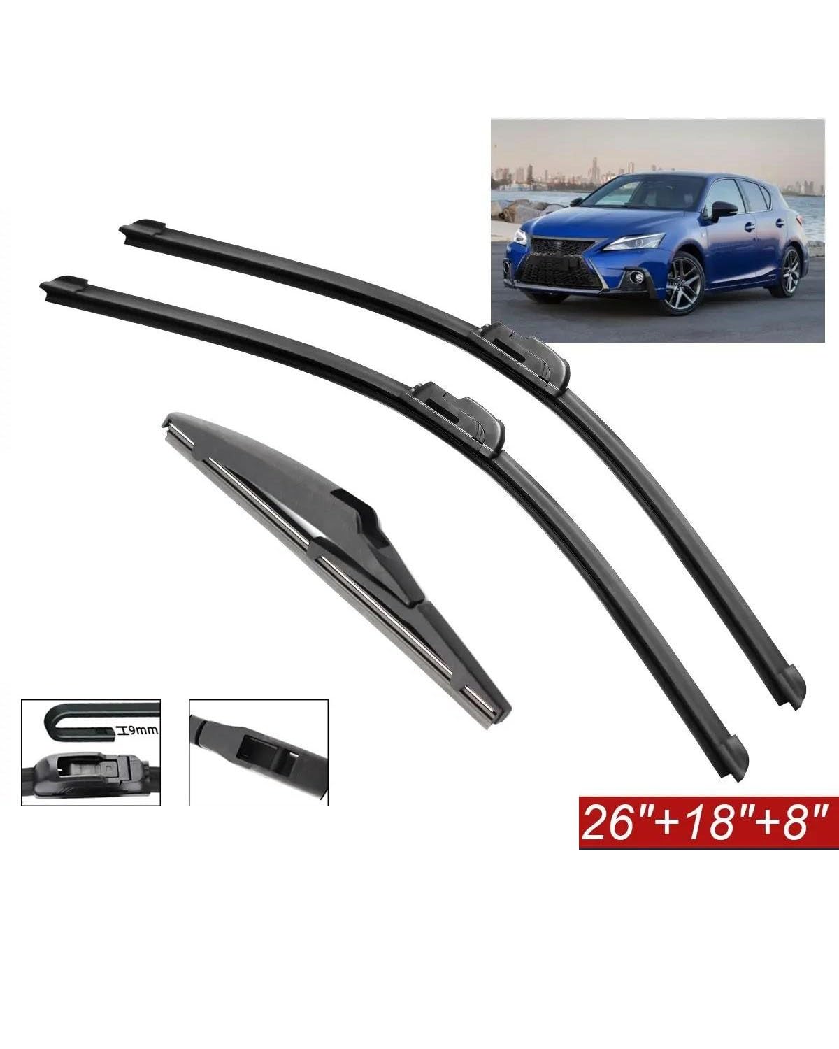 Essuie Glace Avant Pour LEXUS Pour CT Pour 200h Essuie-glace Avant Arrière Gauche 26"+18"+8" Essuie Glace