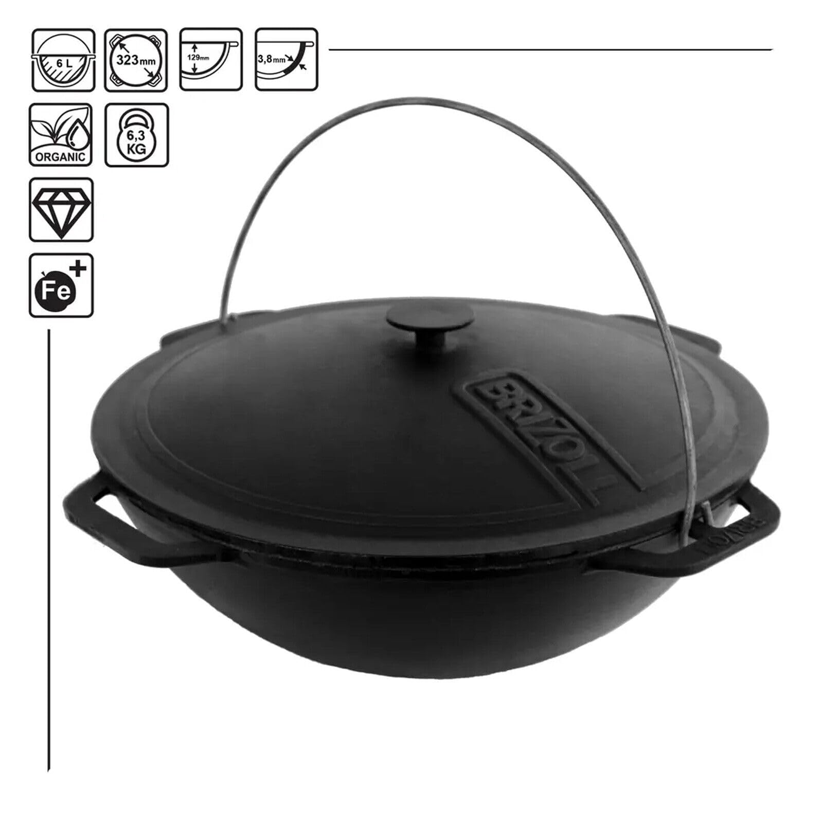 4BIG.fun Gusseisen Kazan 6 L Schwenktopf Kasan mit Deckel aus Gusseisen Wokpfanne Grill Cast Iron Campingtopf Kessel Asia Wok Traditioneller Gusstopf Grillwok