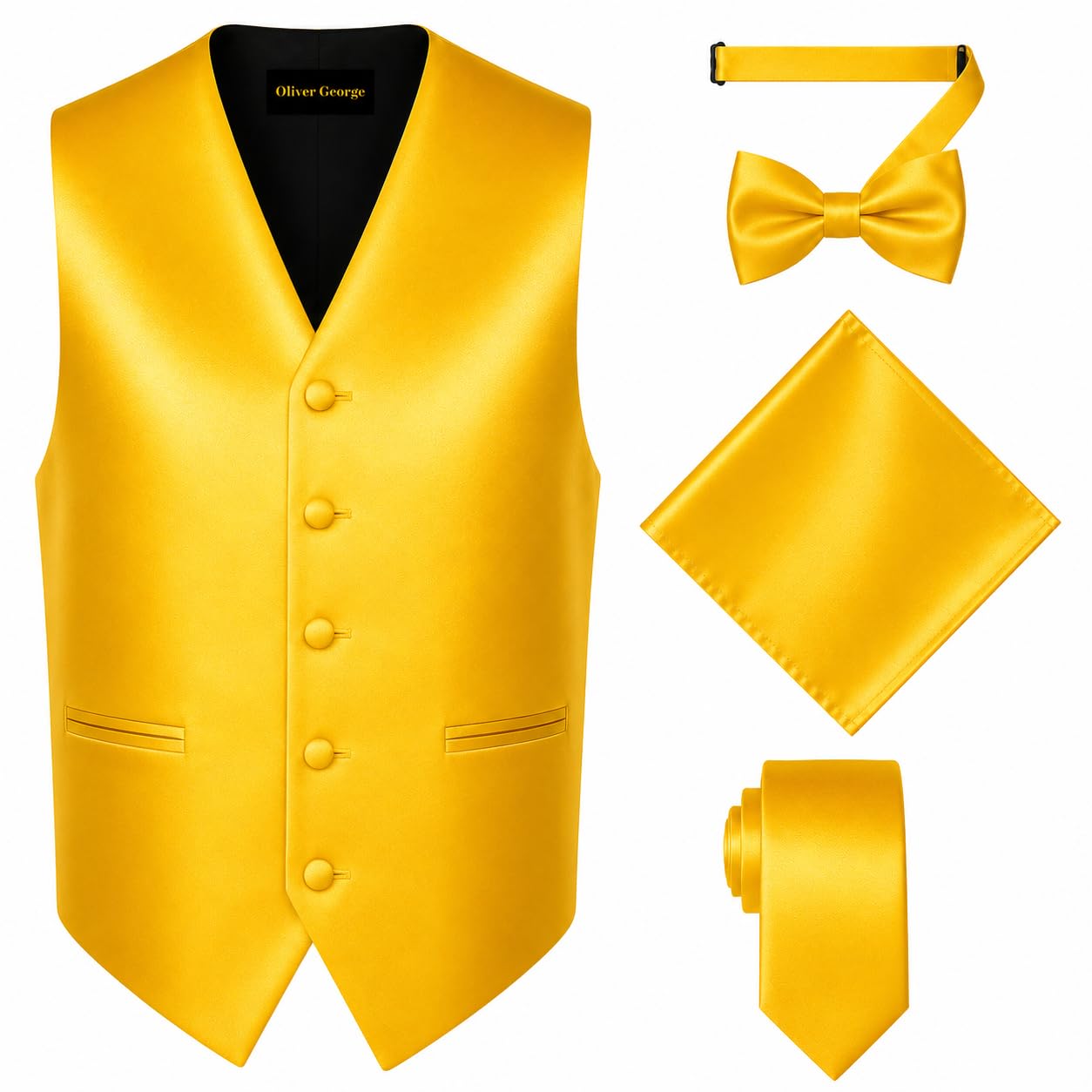 Oliver George 4pc Men's Solid Formal Suit Waistcoat Tuxedo Dress Vest Necktie Bowtie Handkerchief Set for Suit or Tuxedo