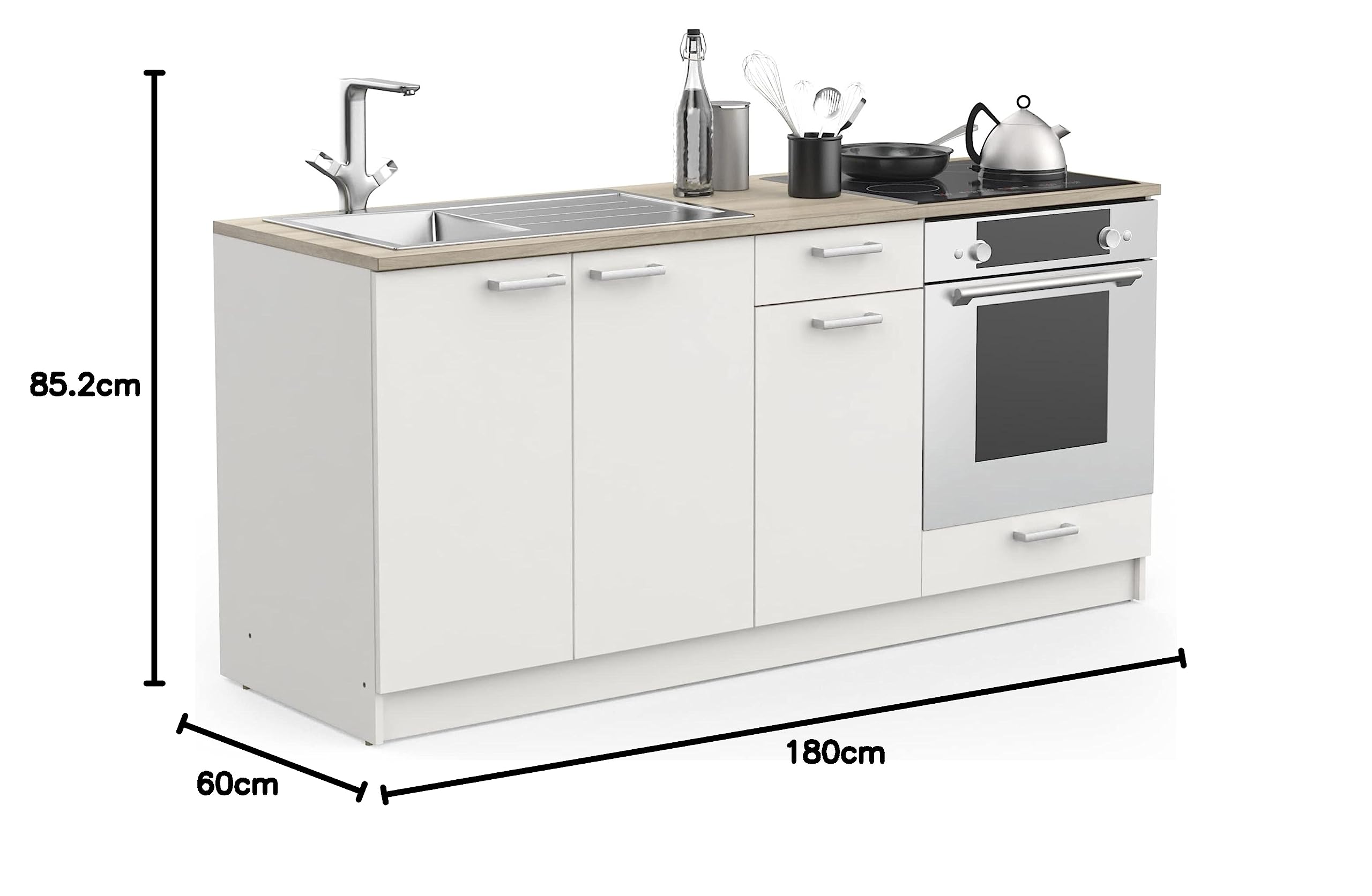 Meuble sous Evier Cuisine Bas 3 Portes 2 Tiroirs et 1 Niche – Cooking – Coloris Blanc & Chêne – 60 x 180 x 85,2 cm