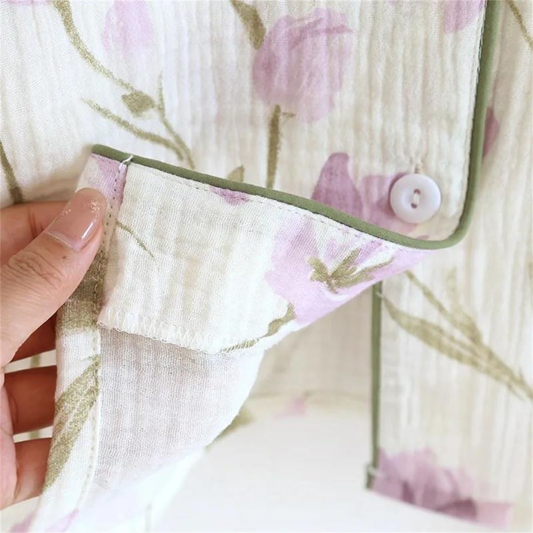 Conjunto de pijama de algodón crepé floral para mujer, manga larga, cómodo para el hogar