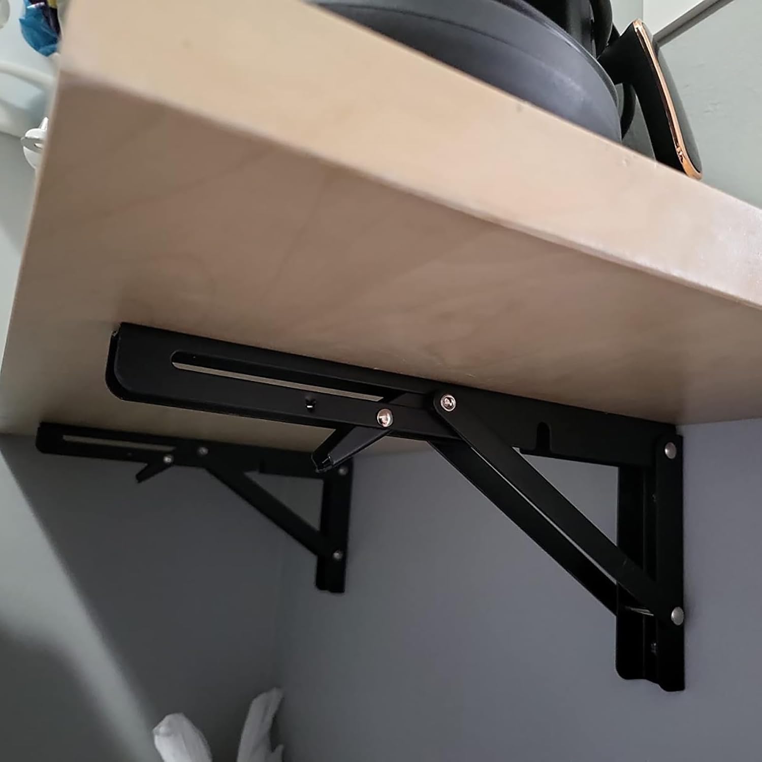 6 PCS 8 Inch Black Folding Shelf Brackets, Folding Shelf Hinge Wall Mounted, Heavy Duty Metal Collapsible Shelf Bracket with Screws, Triangle Folding Shelf Brackets for Table Bench