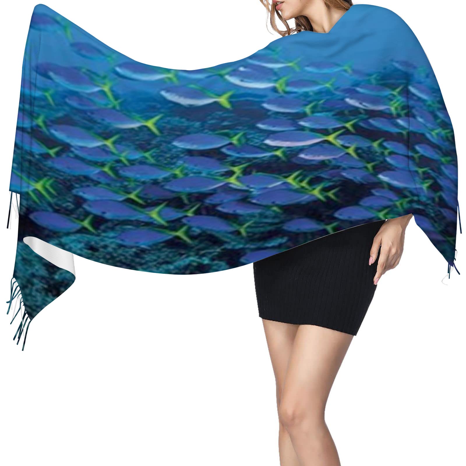 2023 Fish, Classic Scarf for Women Men,Schools of Fish,Wrap Shawl Soft Cashmere Feel Scarves,Blue,77.6x28.3in