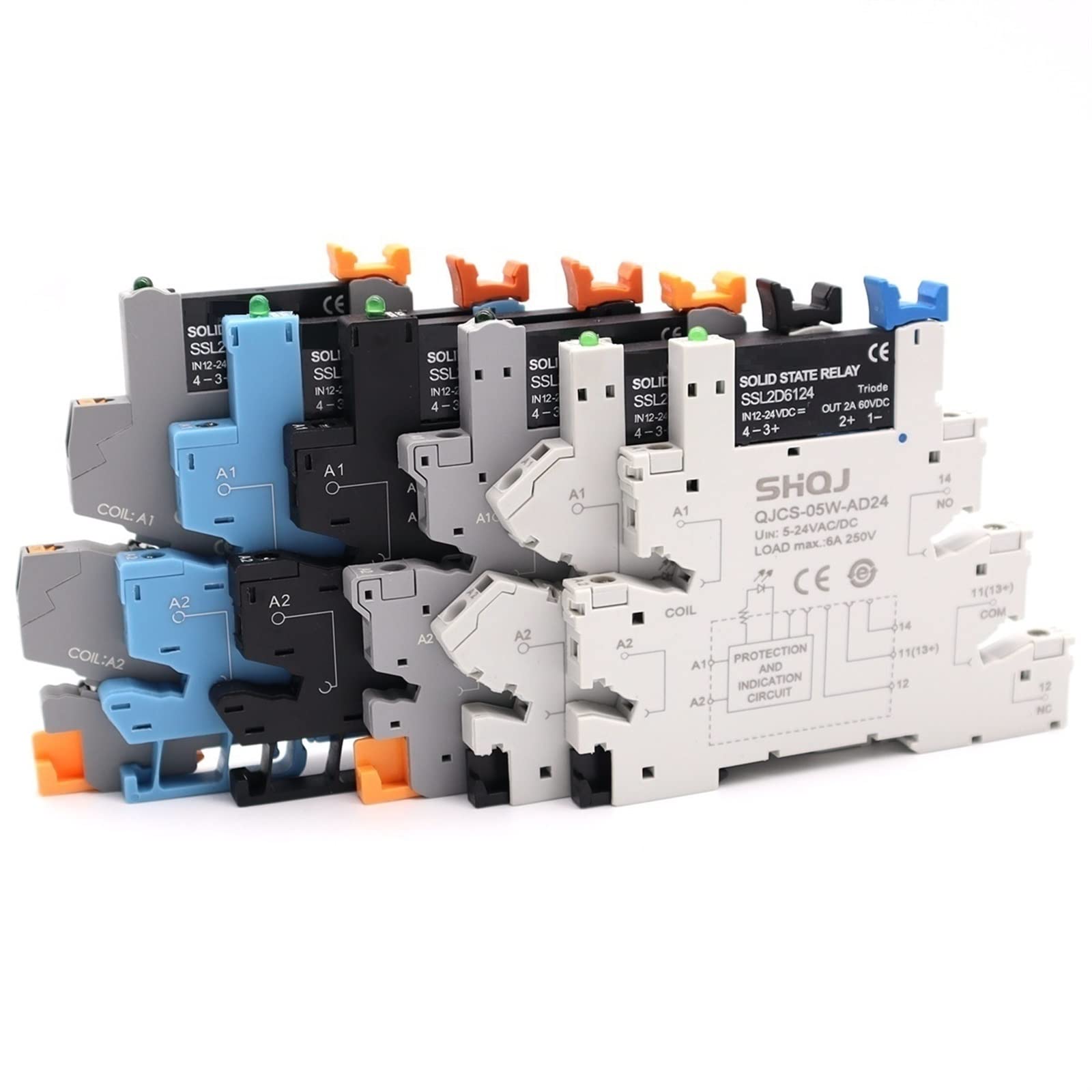 Relé delgado SSR DIN QJCS-05G-AD24 con control CC CA y bobina de 12-24 VCC 8