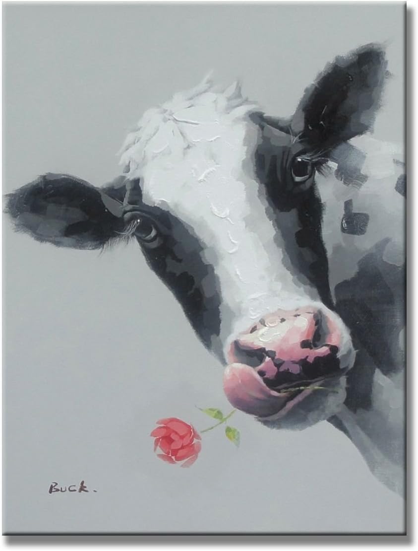 Cute Cow Animal Paintings 100% Handpainted Canvas Oil Paintings Wood Stretched Home Decor Ready To Hang 20x24" (50x60cm)