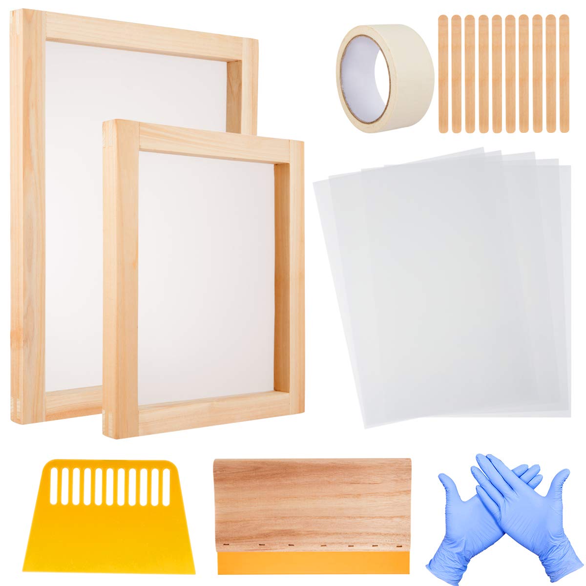 21 Pcs Screen Printing Starter Kit- Includes Silk Screen Printing Frames, Screen Printing Squeegee, Plastic Scraper, Inkjet Transparency Films, Mask Tape, Wood Sticks and Latex Gloves for Funny DIY