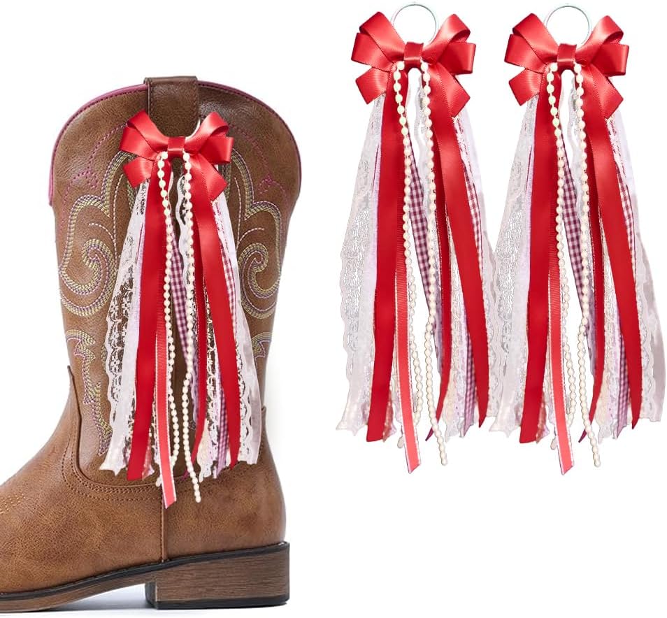 Pink Ribbon Bow Martin Boot Bows, Green White Boot Bows Glitter Pearl Lace Holiday Birthday School Accessory Decor