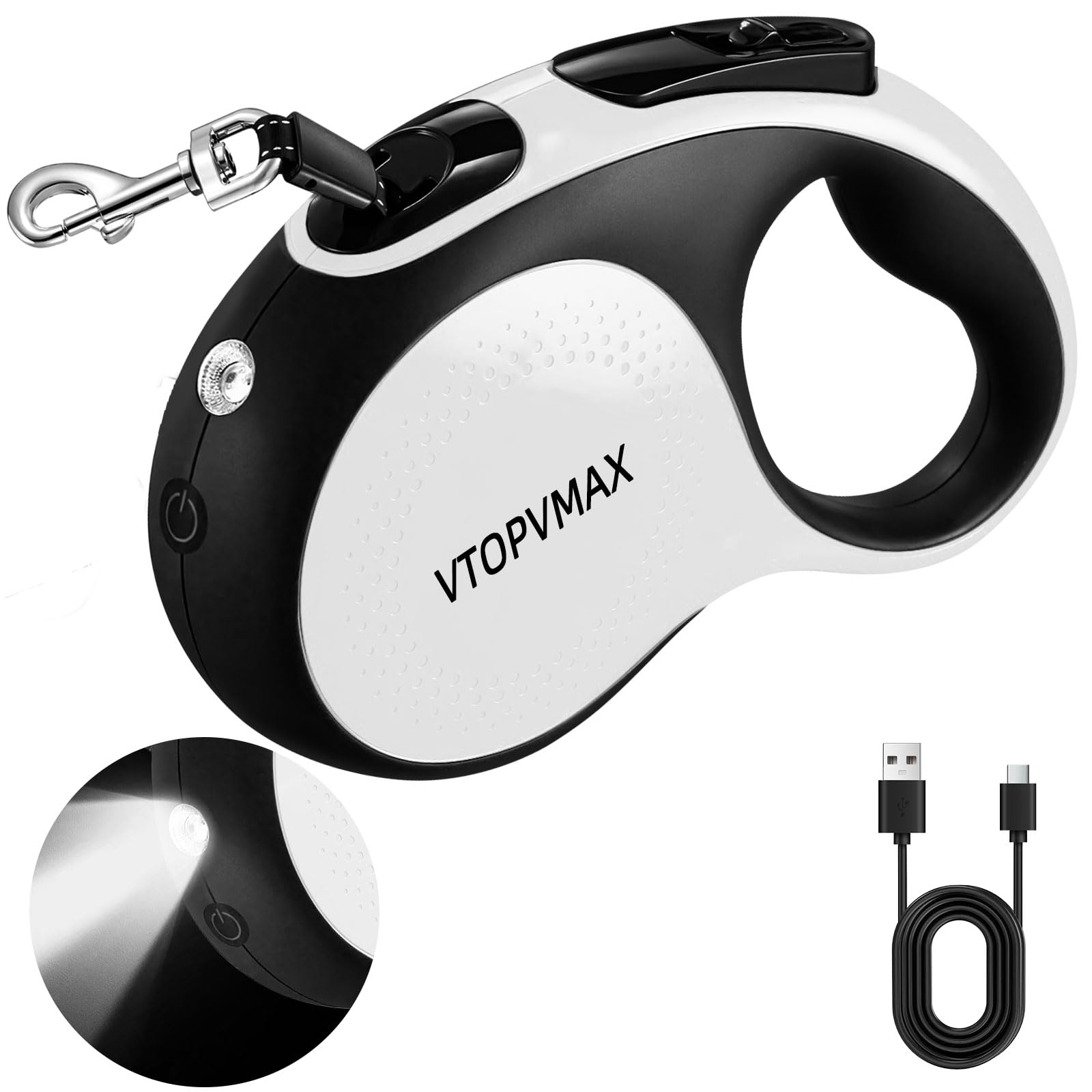 VTOPVMAX Retractable Dog Lead 5m/16FT for Small to Medium Dogs up to 30kg/66lbs - Heavy Duty Extendable Dog Lead with Rechargeable LED Light, Quick Lock Braking & Non-Slip Handle (White)