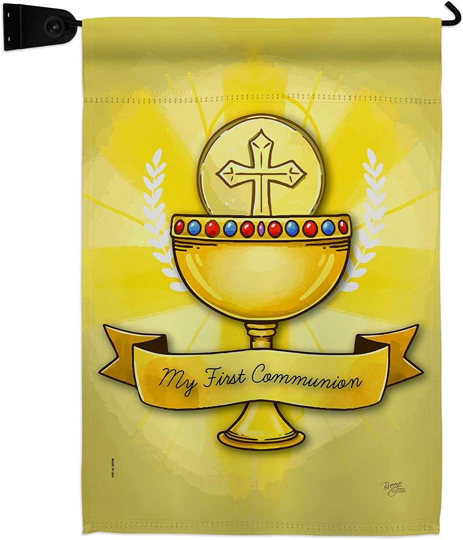 My Holy Communion Garden Flag Set Wood Dowel Religious First Cross Chalice Eucharist Christian Religion Tradition Small Decorative Gift Yard House Banner Double-Sided Made In USA 13 X 18.5